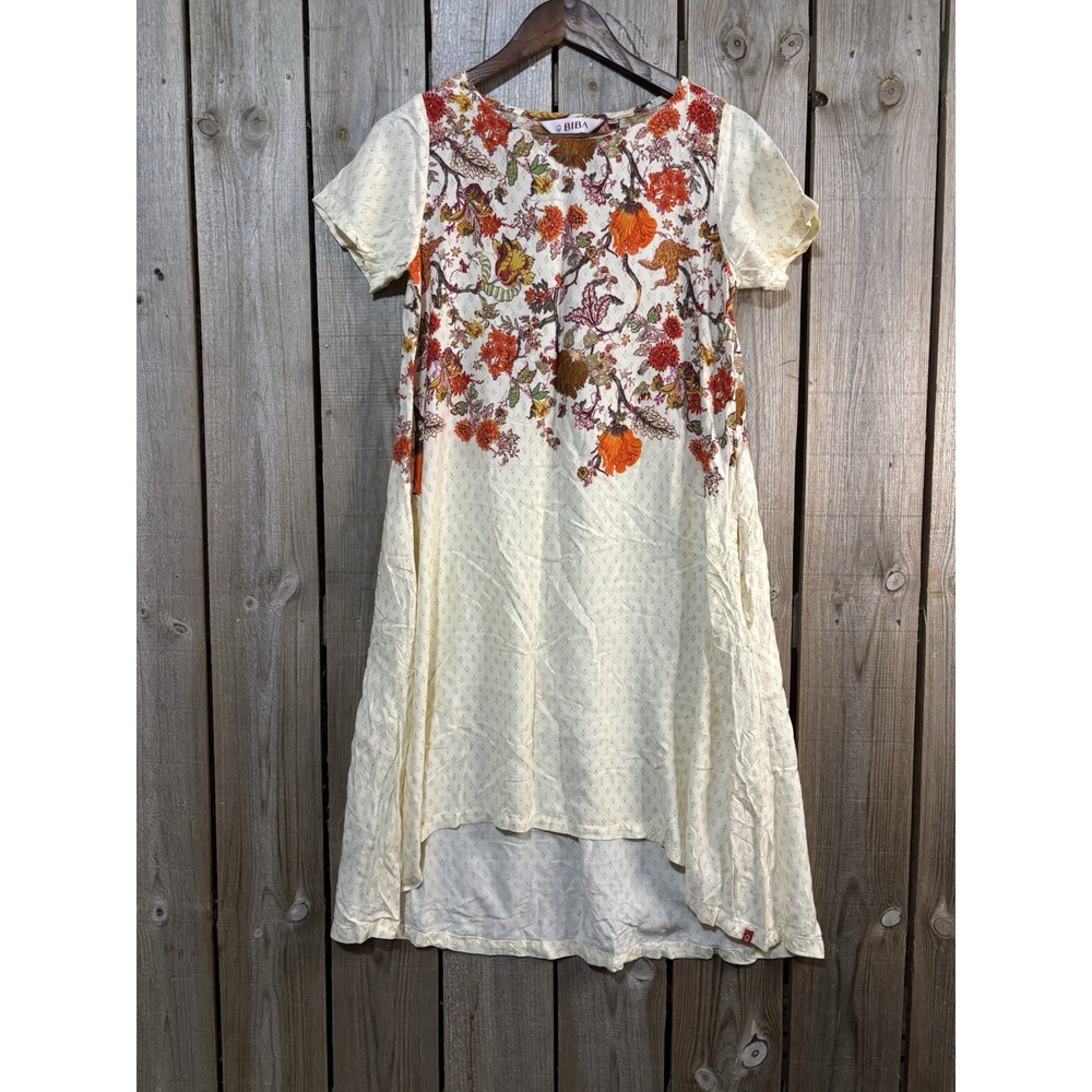 BIBA Boho Floral High Low Dress XS‎ 34 Small Cream Orange Cottagecore